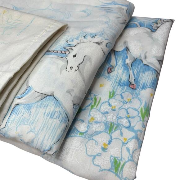 VTG 1980 Fantasy Unicorn Bibb Co Phantasia TWIN SET Flat Sheet Fitted Pillowcase